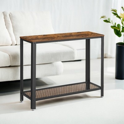 Console Table, 2-Tier Entryway Table with Mesh Shelf, Narrow Sofa Table, Steel Frame, Adjustable Feet Rustic Brown and Black