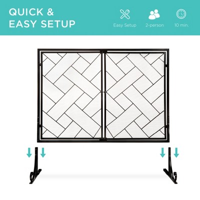 Black Wrought Iron Geometric Fireplace Screen with Magnetic Doors