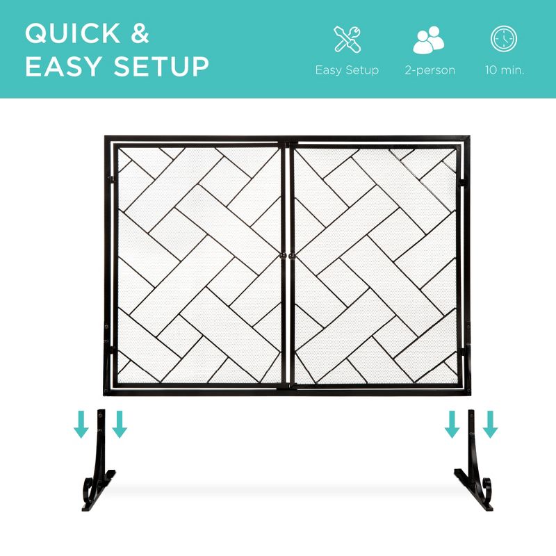 Best Choice Products 44x33in 2-Panel Handcrafted Wrought Iron Geometric Fireplace Screen w/ Magnetic Doors, 6 of 11