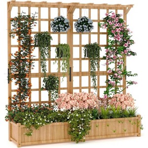 Raised Garden Bed, 63" Elevated Wooden Planter Box with Lattice Trellis, Wooden Planter Box with Hanging Roof & Drainage Holes - 1 of 4