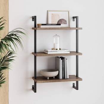 Sunnydaze 3 Shelf Industrial Style Pipe Frame Wall-mounted Floating Shelf  With Wood Veneer Shelves - Teak Veneer : Target