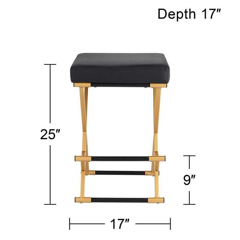 55 Downing Street Metal Bar Stool Gold 25" High Mid Century Modern Black Faux Leather Cushion with Footrest for Kitchen Counter Height Island Home, 4 of 10