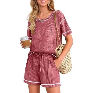 Ekouaer Women's Waffle Knit Two Piece Lounge Set, Soft Matching Outfits for Daily Wear, Casual Shorts Set with Pocket - 1 of 4