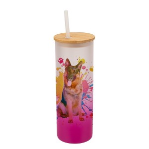 100 North 25 Ounce Frosted Glass Gradient Travel Tumbler With Straw & Wooden Lid, German Shepherd Paint Splatter Pink - 1 of 4