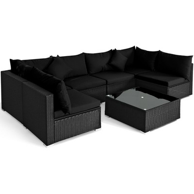 Tangkula 7PCS Rattan Patio Conversation Set Sectional Furniture Set w/ Black Cushion