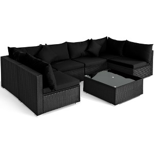 Tangkula 7PCS Rattan Patio Conversation Set Sectional Furniture Set w/ Black Cushion - 1 of 4