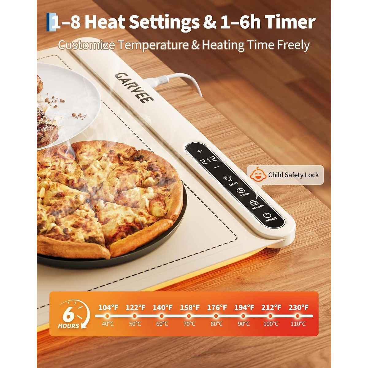 25×16 Inch Silicone Food Warming Mat 500W 8‑Level Temp with Digital Display, Ambient Light, Child Lock, Silicone Fastener, BW668 US Plug - thumbnail 5