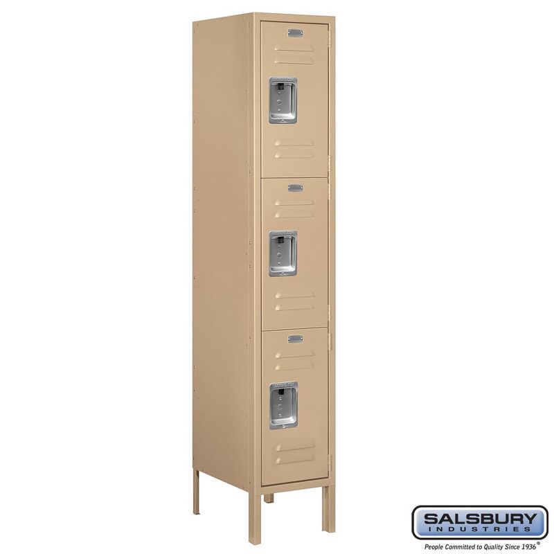 Salsbury Industries Assembled 3-Tier Standard Metal Locker with One Wide Storage Unit, 5-Feet High by 15-Inch Deep, Tan, 1 of 5