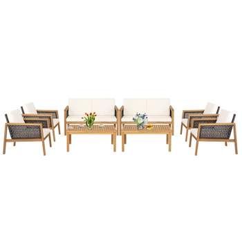 Tangkula 8-Piece Patio Acacia Wood Furniture Set Outdoor PE Rattan Conversation Set with Removable Cushions