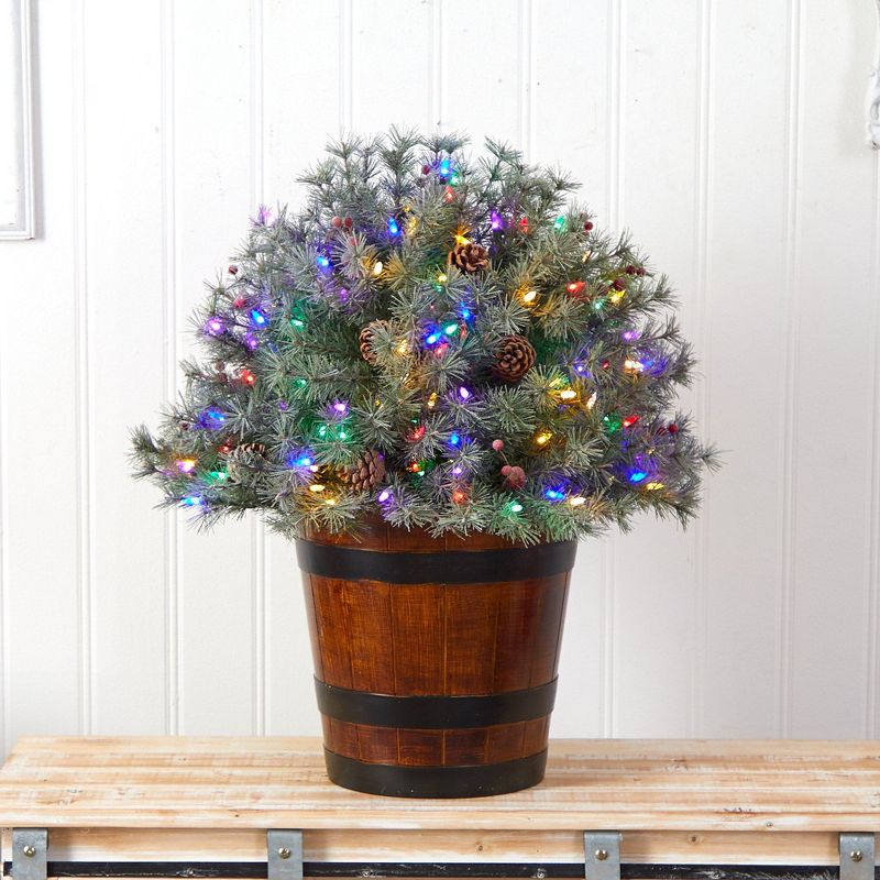 Nearly Natural 2.17-ft Flocked Shrub with Pinecones, 150 Multicolored LED Lights and 280 Branches in Planter, 4 of 8