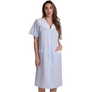 Dreamcrest Womens Short Sleeve Duster, Seersucker Gingham Housecoat Women Sleepwear Embroidered Snap Front Nightgown - 1 of 3