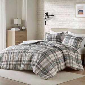 Queen Duvet Cover Set, Plaid Classic Cabin Lodge, Lightweight All Season, Tan/Gray Set of 3 - 1 of 4