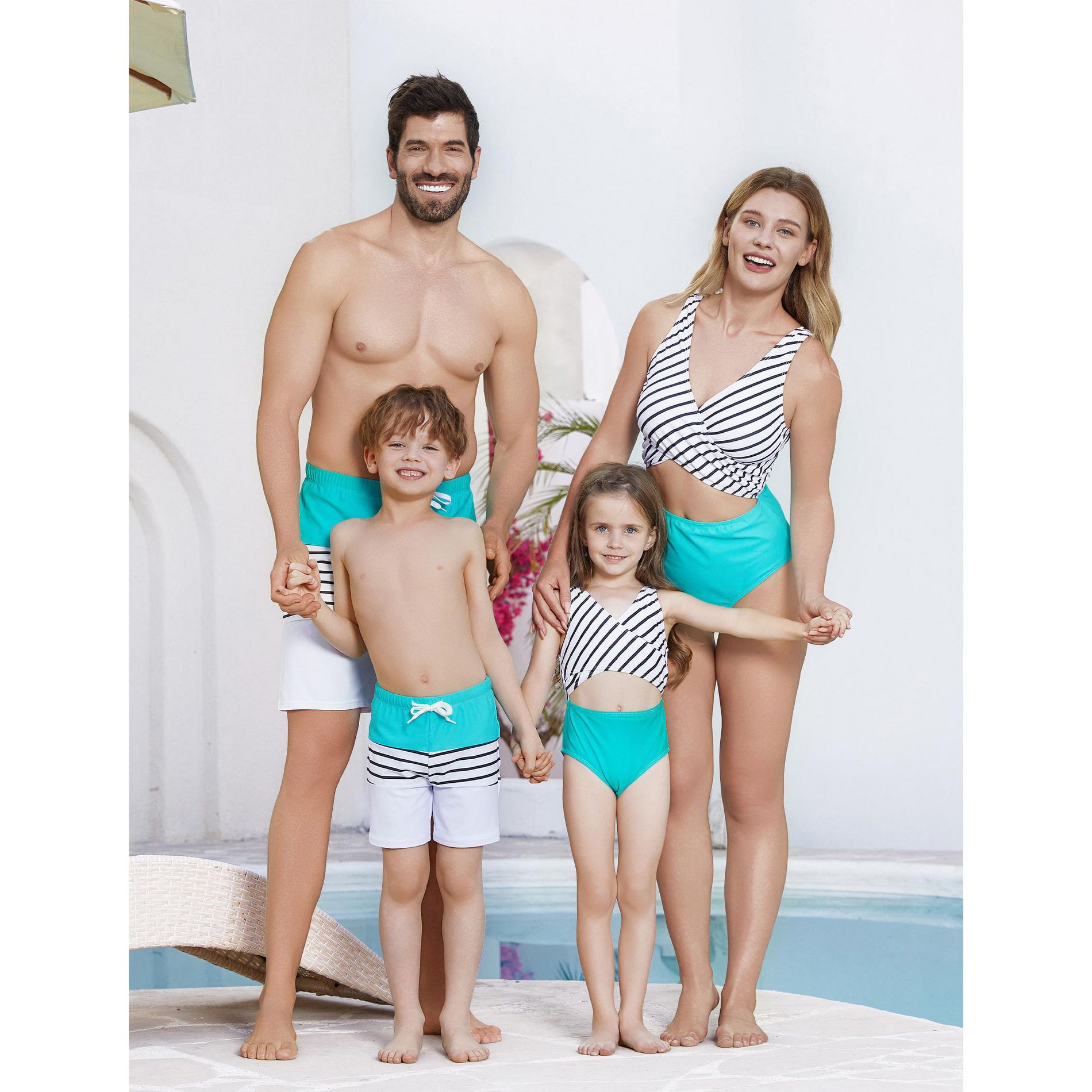 PATPAT Family Matching Swimwear Mommy and Me Colorblock Striped Spliced One-Piece Swimsuits Swim Trunks Shorts