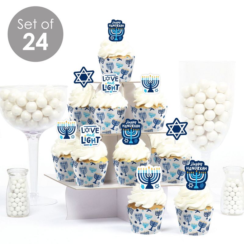 Big Dot of Happiness Hanukkah Menorah - Cupcake Decoration - Chanukah Holiday Party Cupcake Wrappers and Treat Picks Kit - Set of 24, 2 of 9