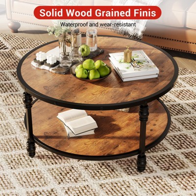 Iron MDF Roman Column Gourd Section Round Two-Layer Coffee Table 34.5 Inch, Decorative, Sturdy, Compact, Modern Living Room Table