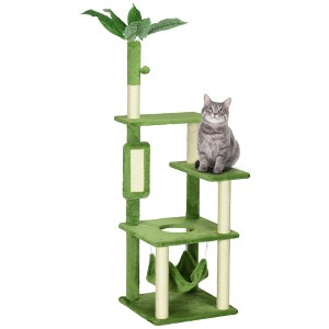 PawHut 56" Scratching Post Cat Tree for Indoor Cats, Cat Tower with Scratching Post, Hammock, Green - 1 of 4