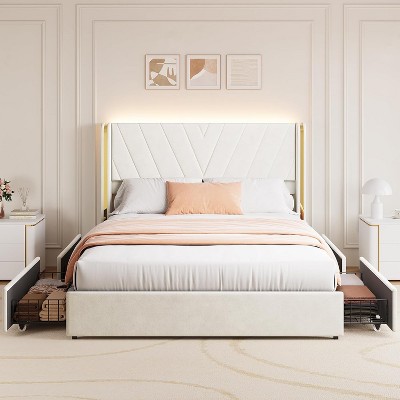 homfan Queen Upholstered LED Bed Frame, Queen Size Bed Frame Upholstered Velvet Platform Bed Frame with Wingback Headboard and 4 Storage Drawers