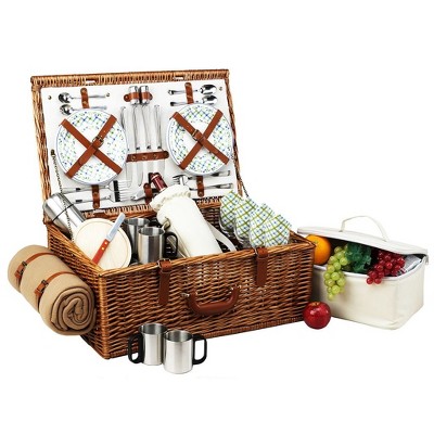 Picnic at Ascot Dorset English- Style Willow Picnic Basket with Service for 4, Coffee Set and Blanket - Gazebo