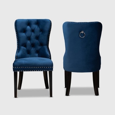 Navy Blue Velvet Upholstered Oak Dining Chair Set