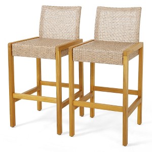 Costway Set of 2 Patio Wood Barstools Rattan Bar Height Chairs with Backrest Porch Balcony - 1 of 4