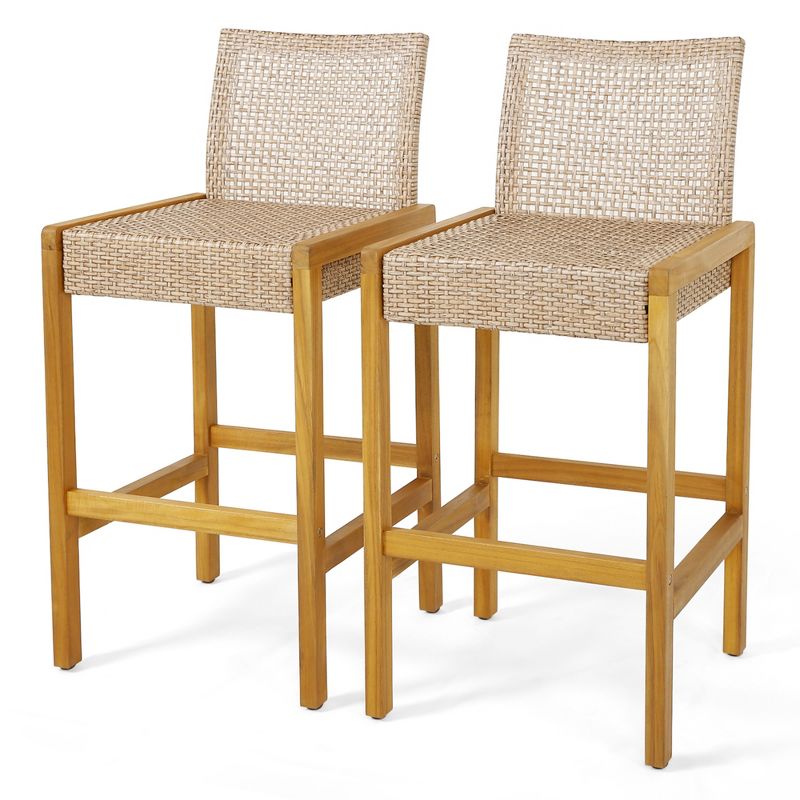 Costway Set of 2 Patio Wood Barstools Rattan Bar Height Chairs with Backrest Porch Balcony, 1 of 9
