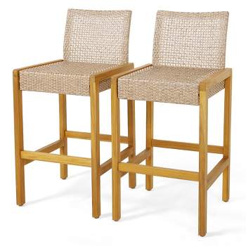 Costway Set of 2 Patio Wood Barstools Rattan Bar Height Chairs with Backrest Porch Balcony