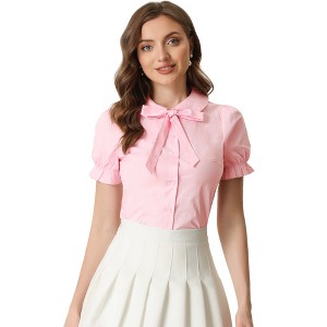 INSPIRE CHIC Women's Vintage Bow Tie Solid Peter Pan Collar Office Button Up Shirt - 1 of 4