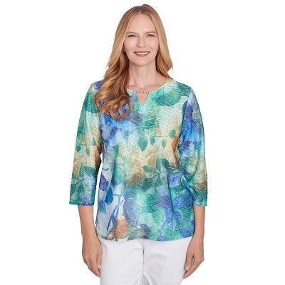 Alfred Dunner Womens Watercolor Leaves Knit Top