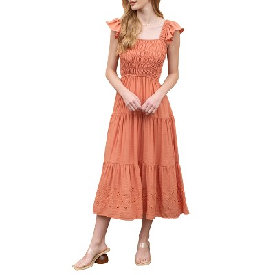 August Sky Women's Eyelet Ruched Tiered Midi Dress