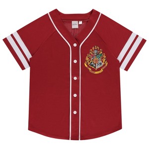 Ladies Harry Potter Hogwarts Jersey - Gryffindor Hufflepuff Ravenclaw Slytherin Wizardry Mesh Button Down Baseball Jersey - 1 of 4