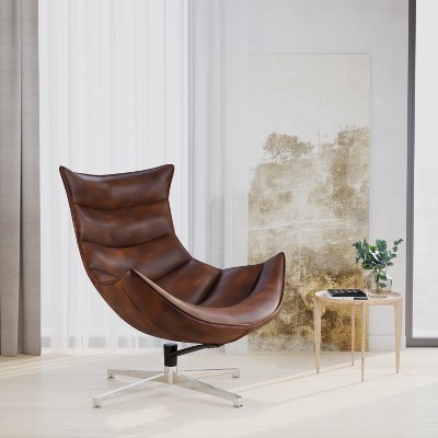 Bomber Jacket Faux Leather Curved Swivel Accent Chair with Chrome Base