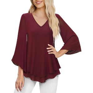 Clearlove  Womens 3/4 Sleeve Chiffon Blouses V Neck Double Layers Mesh Shirts Dressy Flowy Tunic Tops - 1 of 4