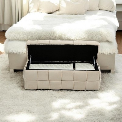 Alilang 43.70 inch Upholstered Woven Storage Bench with Soft Tufted Design-Beige
