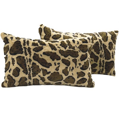 Set of 2 Brown Faux Fur Leopard Print Throw Pillows