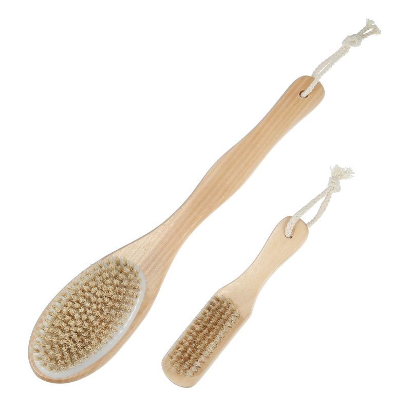 Unique Bargains Dry Brushing Body Brush Set Dual Sided Long Handle Back Scrubber for Wet Dry Brown, 1 of 5