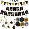 15Pcs Happy New Year Party Decoration Set Black Banner with Golden Black Paper Bunting Flag 6Pcs Hanging Swirl Streamers and Tissue Pom Poms - 4 of 4