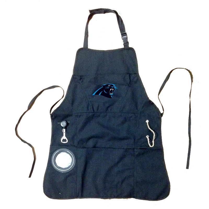 Evergreen Carolina Panthers Black Grill Apron- 26 x 30 Inches Durable Cotton with Tool Pockets and Beverage Holder, 1 of 3