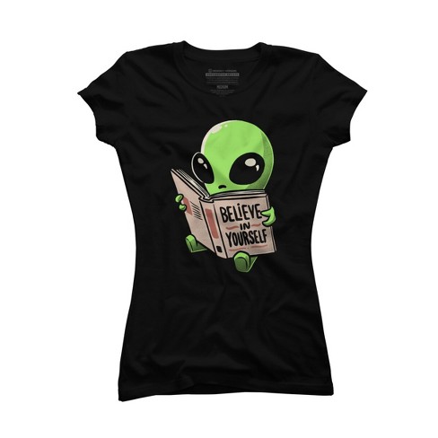 Junior's Design By Humans Believe in Yourself Funny Book Alien By EduEly  T-Shirt - Black - 2X Large