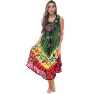 Riviera Sun Womens Tie Dye Summer Dress - Beach Cover Up with Embroidery - Rasta Color Dresses for Women  - Red Green Yellow Black - 1 of 3