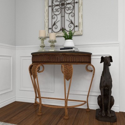 Gold Metal Demilune Console Table with Ornate Scroll Legs
