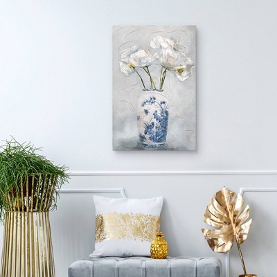 24" x 36" White Floral Vase on Gray Canvas Art