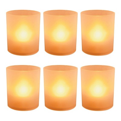 LumaBase Frosted Votives with Battery-Operated LED Lights, Orange - Set of 6