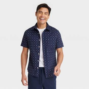 Men's Star Print Short Sleeve Button-Down Shirt - Goodfellow & Co™ Heathered Navy Blue