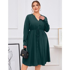 Women's Plus Size Button Down Maxi Dress V Neck Long Sleeve Business Casual Work Polo Shirt Long Dress with Pockets - 1 of 4