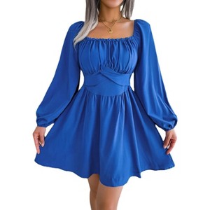 Women's Fall Casual Lantern Long Sleeve Mini Boho Dress Square Neck Ruffled Waist Short Dress - 1 of 4