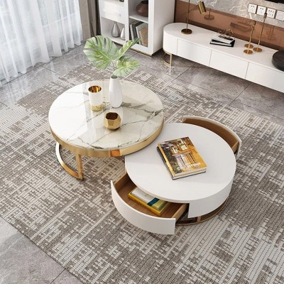 Munora Modern Round Sintered Stone Nesting Wood Coffee Table with Drawers in White