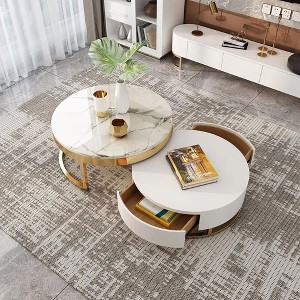 Munora Modern Round Sintered Stone Nesting Wood Coffee Table with Drawers in White - 1 of 4
