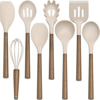 BRINJOY 9-Piece Silicone Kitchen Cooking Spatula Set with Wooden Handle for Nonstick Pans, 446¡ãF Resistant Silicone with Large Stand (Khaki)