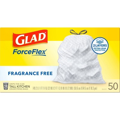 Glad ForceFlex Drawstring Fragrance Free Trash Bags - 13gal/50ct: Gray, Tall Kitchen, Extra Strong
