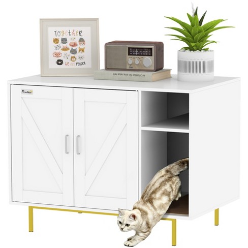 PawHut Cat Litter Box Enclosure Kitty Litter Box Furniture End Side Table with Scratching Pad Storage for Living Room Bedroom 31.5 x 20 x 24